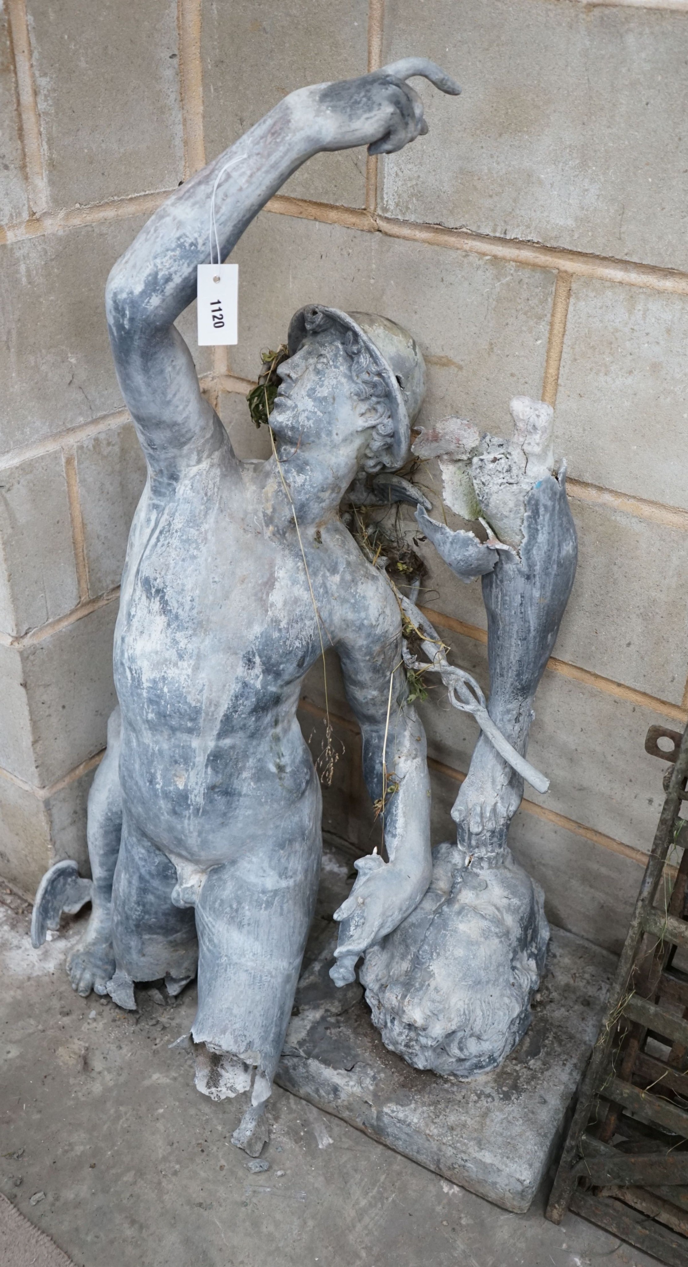 A Victorian lead garden ornament of Mercury requiring extensive restoration, approximate height 175cm